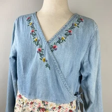 Vintage GET! Womens Wrap Dress L Denim Floral Embroidered Boho Cottagecore