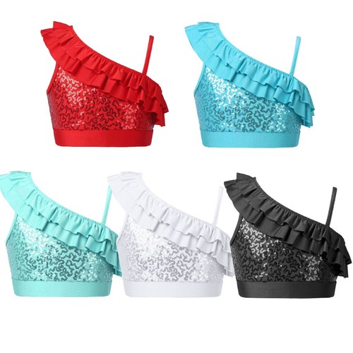 Girls Sequin Tops Sleeveless Crop Top Shoulder Ruffle Straps Ballet Dance Shirts - Picture 1 of 120