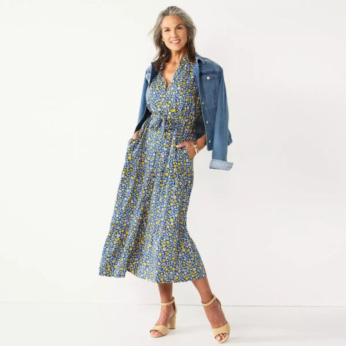 Croft & Barrow Blue Floral Sleeveless Midi Dress Flowy Belt Button Front XL