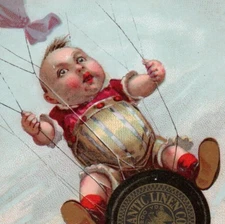 c1890 Willimantic Thread Trade Card Baby Parachute Hot Air Balloon Spool Cotton