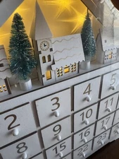 NEW White Wood Light-Up House Advent Calendar 24 Numbered Drawers Snowy Village