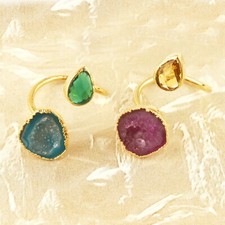 Double Stone Rings Hydro Quartz Geode Druzy Gold Plated Handmade Adjustable Ring