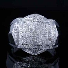 3Ct Round Cut Real Moissanite Mens Cluster Engagement Ring 14K White Gold Plated