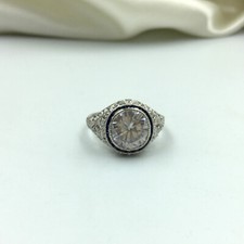 Old Art Deco Stylish Round Cut CZ  Blue Sapphire 935 Silver Ring  9. Size 