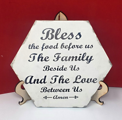 Bless the Food Before Us Laser Engraved Tile Sign W/Lightweight Wood Holder New!