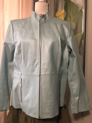 Women's Terry Lewis CLASSIC Luxuries Genuine Leather AQUA Size L Jacket Full Zip
