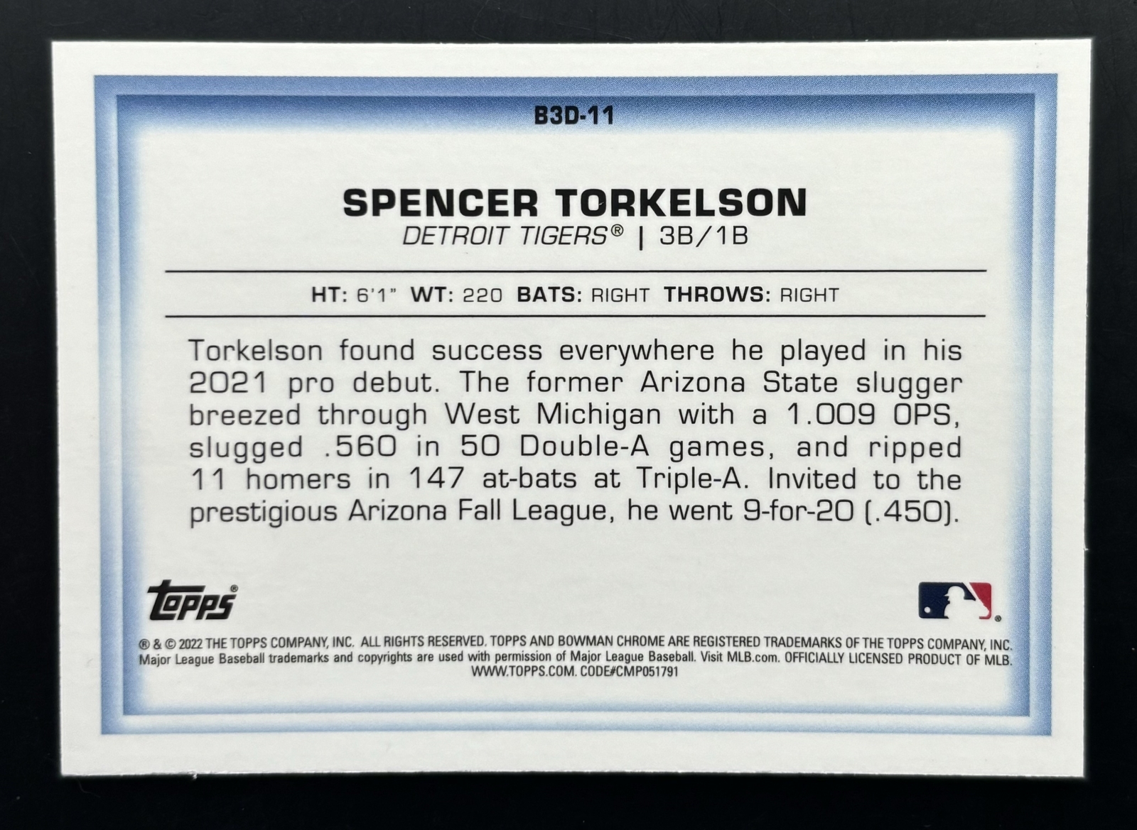 2022 Bowman Chrome Spencer Torkelson Bowman in 3D Insert #B3D-11