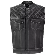Men's Black Leather Vest Diamond Motorbike Motorcycle Concealed Waistcoat White