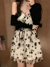 Floral Dress Print Sleeveless Off Shoulder V-Neck High Waist  Mini Dress Vintage