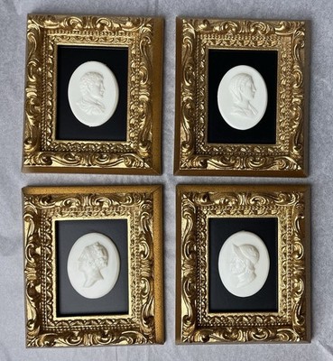 Gold Framed Plastic Cameo Plaques Set of 4, Medallion Wall Art, Small, Vintage