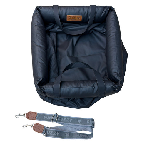 FunnyFuzzy Faux Leather Dog Car Seat Booster Bed with Strap Black/Gray