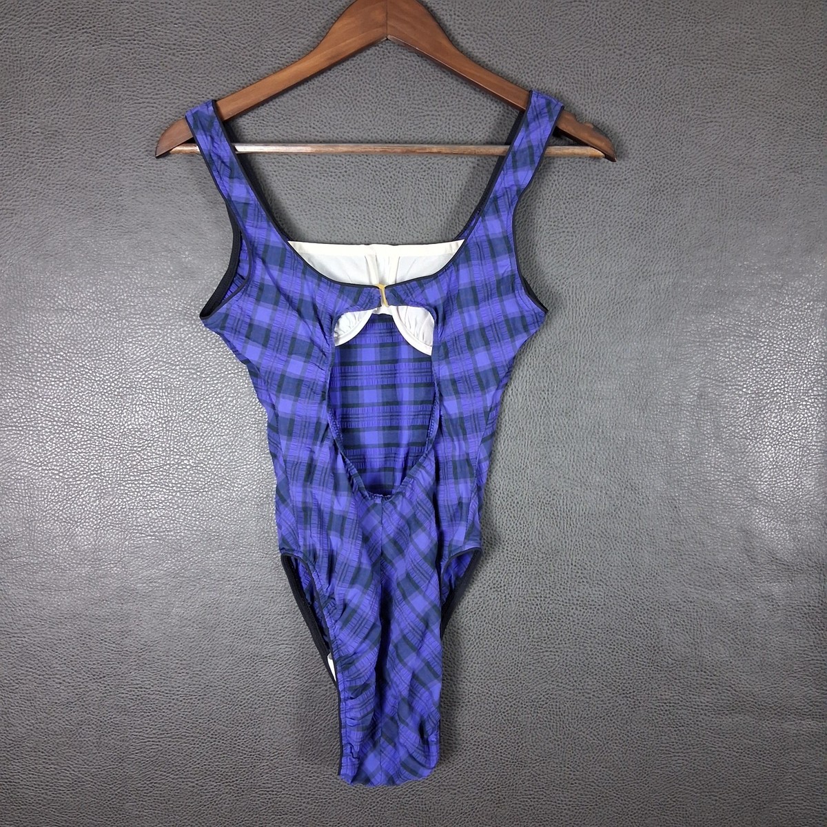 Jantzen Bathing Suit Womens 8 Plaid High Cut One Piece Swimsuit Purple USA Made View 3