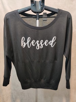 Women's Blouse Pullover Black Round Neck Long Sleeve Blessed Size Small Stretch