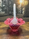 Fenton Cranberry Opalescent Hobnail Spiral Handle Basket F83