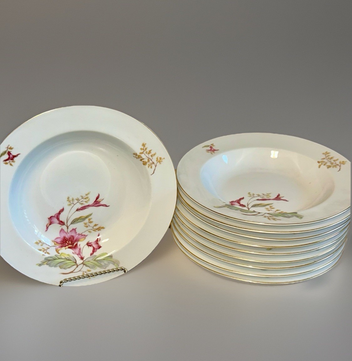 5 Vintage Eschenbach Bavaria Fine China Floral 8” Salad Bowls•EUC•MCM•Fuchsia