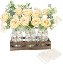 Mason Jar Lights Table Centerpiece Decoration for Farmhouse Coffee, with Wood Tr