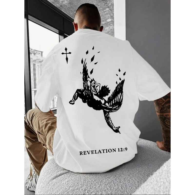 Winged Man Fallen Print Men'S Round Neck Athletic Graphic T-Shirt