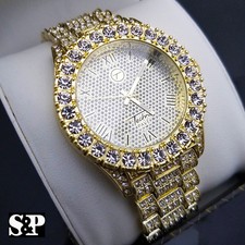Men Hip Hop Iced Bling Gold PT Rapper's Bling BIG Simulated Diamond Metal Watch