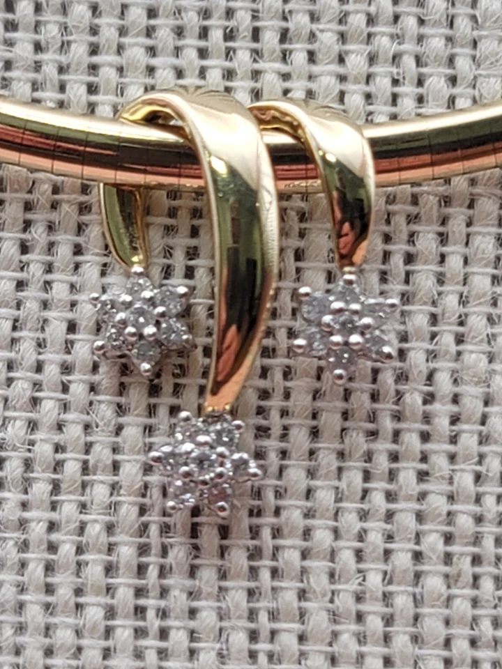 16" 14k Gold Omega Choker Snake Necklace Flower Star Slide 21 Diamond Pendant - Image 2 of 4