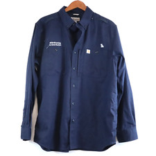 Carhartt Long Sleeve Button Up Work Shirt Embroidered Navy Blue Men's Large