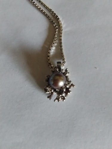 Vintage Sterling Silver Pearl Brutalist Pendant Necklace - Picture 3 of 4