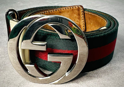 Gucci Men s GG Buckle Web Stripe Belt Green/Red/White Silver, Size 42