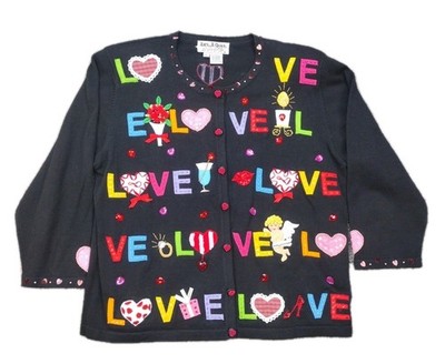 Jack B. Quick L Vintage Embellished Heart Valentine's Day Black Cardigan LOVE