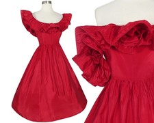 Vintage 80s Red Ruffle Rose Flowers Taffeta Full Skirt Prom Party Dress XS