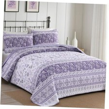 Quilt Set Queen Size,Boho Striped Quilt Bedding Set Queen 96" 90" Purple