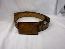 Vintage Handmade Tooled Leather Western Theme Belt Horse Buckle 32" To 38