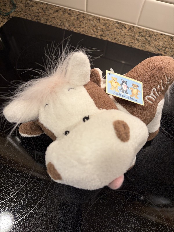 Cow plush with MILK embroidered on. Part of Friends for all Seasons Cute tongue