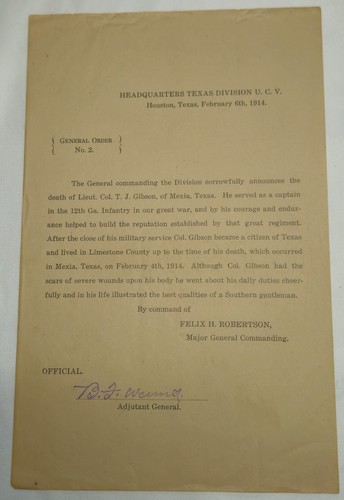 1914 UCV Gen Order 2 Death of Lieut. Col. T. J. Gibson 12th Ga. Infantry