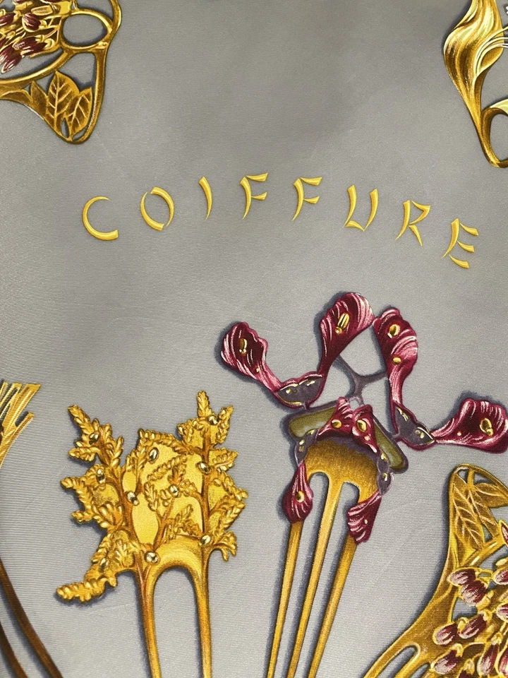 H70# Lalique Paris Bufanda de Seda Pegnies De Coiffure Gris Enrollado a Mano Francia Foto 4 de 4