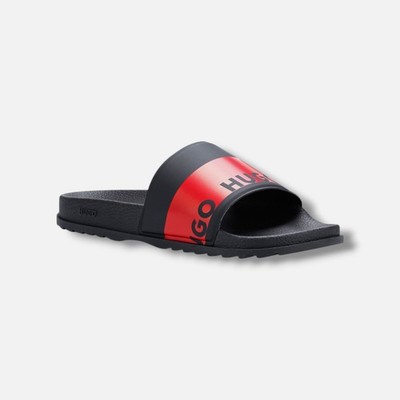 Hugo Boss Men Black Match Tape Logo Slip-on Slide Sandal Shoes Size, 42