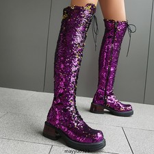 Women's Over Knee High Glitter Boots Platform Mid Block Heel Lace UP Shiny Shoes