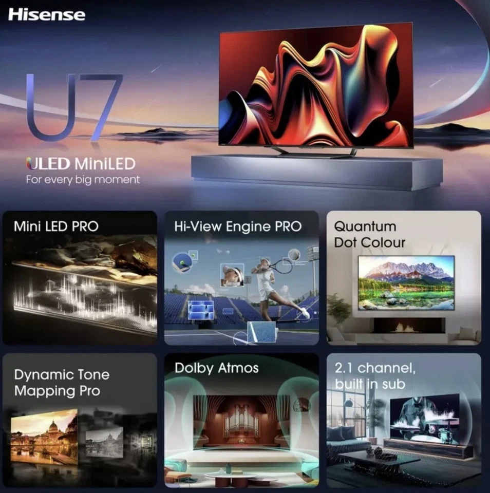 Hisense 55 Inch 144Hz Mini-LED Smart TV 55U7NQTUK - New & Sealed - Same Day Ship - Image 4 of 4
