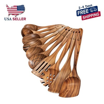 10 Pcs Wooden Kitchen Utensils Set Heat Resistant Wooden Spoons for Cooking
