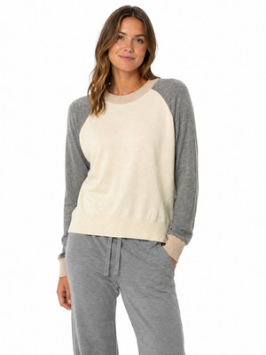 Monrow NWT Women's Colorblock Sweater Lightweight Cotton Modal Ivory Gray Size L