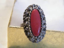 Beautiful Silver Tone Cocktail Ring Deep Coral Cabachon Adjustable WOW