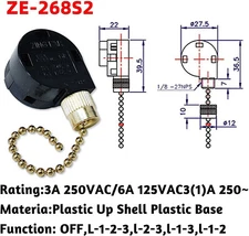 Zing Ear ZE-268S2 w/ Brass PULL CHAIN FAN SWITCH dual capacitor 3 Speeed for Fan
