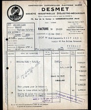 LAMBERSART (59) Usine D'APPAREIL ELECTRIQUE Blindé "DESMET" Facture en 1949