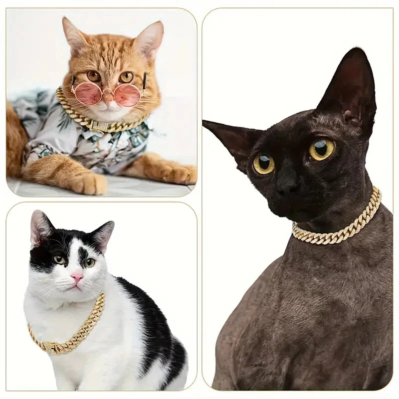 Pet Cat Dog Collar Cuban Chain Gold Silver Plated Cubic Zirconia Iced Necklace - Image 4 of 4