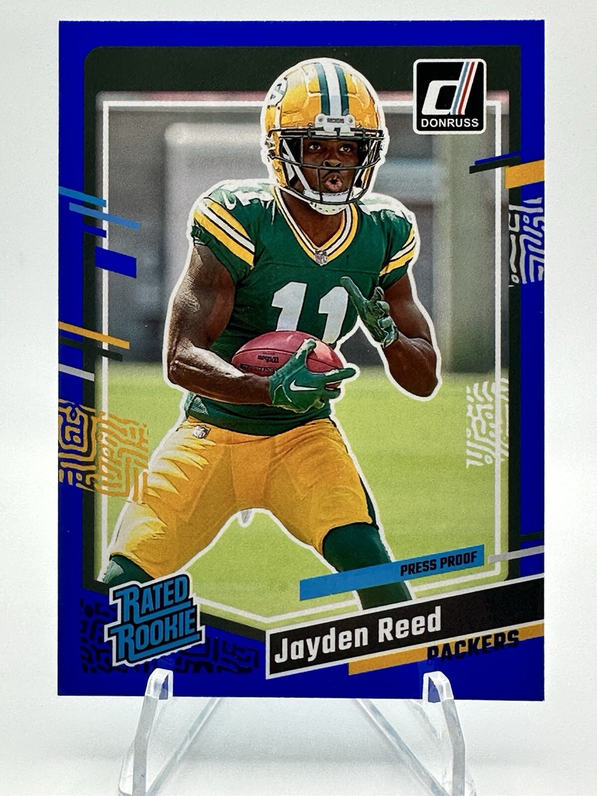 Jayden Reed Rookie 2023 Donruss Football #334 Rated Rookie Blue Press Proof