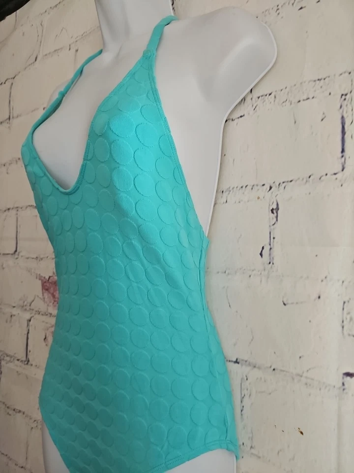 La Blanca Seafoam Green Polka-Dot One Piece Swimsuit Medium Halter Tie Lined - Image 4 of 4