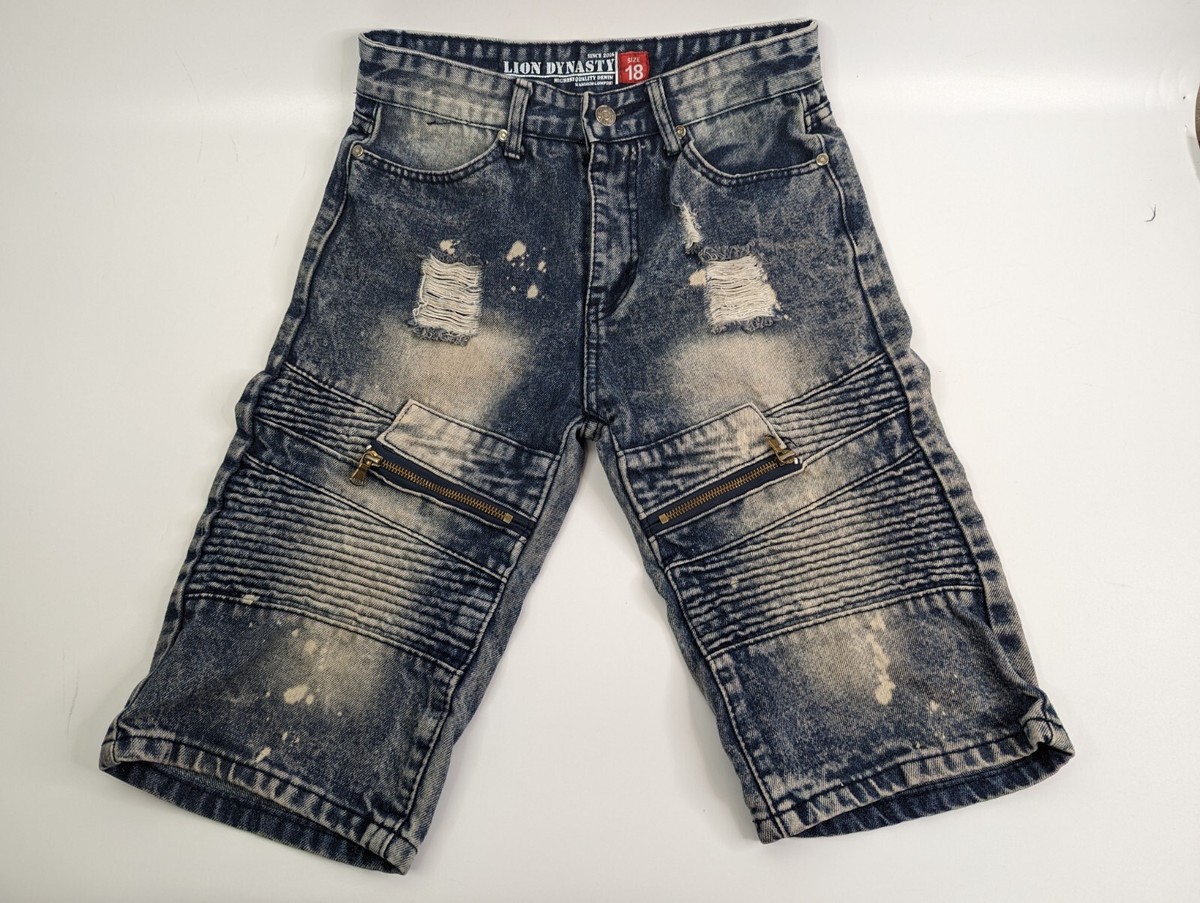 【Anyone more】Leon Damage Washing Short Denim Pants Lion Dynasty Denim Shorts Distressed Acid Wash Moto Bleached