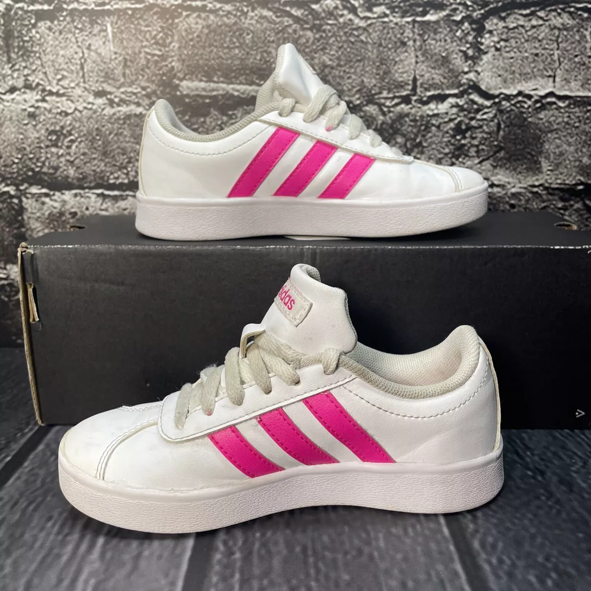 Adidas Sneakers White Leather Hot Pink Stripes 789006 Size Preschool Sz | eBay