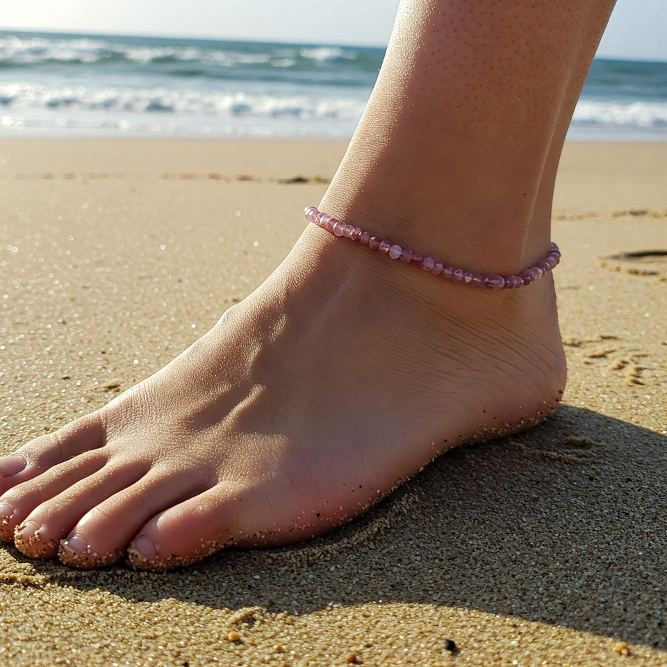 Natural A+ Pink Tourmaline Beaded Ankle Bracelet Gemstone Dainty Skinny ...