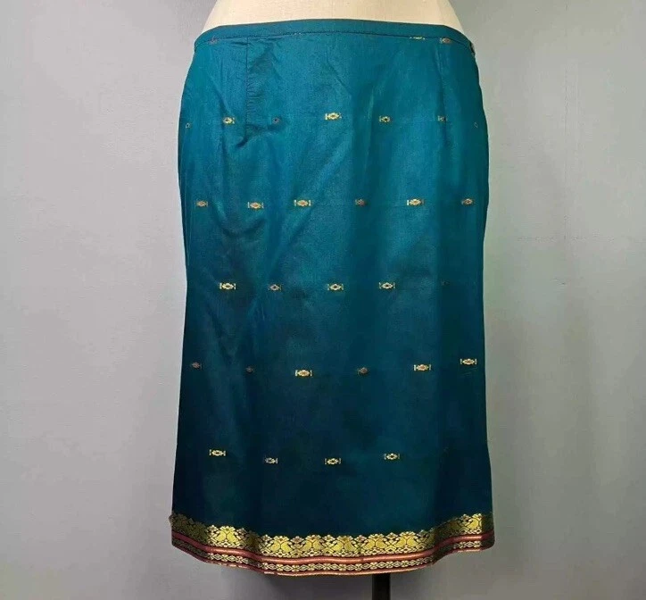 Falda Amanda Smith Pavo Real Azul Dorado Bordado Bordado Estilo Indio Talla Pequeña S Foto 2 de 4