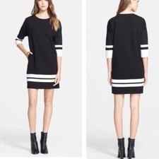 VINCE  Black Colorblock Striped Casual Sweatshirt Dress Shift Mini 3/4 Sleeves M