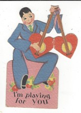 Vintage Valentine Card Man w/2 Heart Banjos Carrington Co Chicago